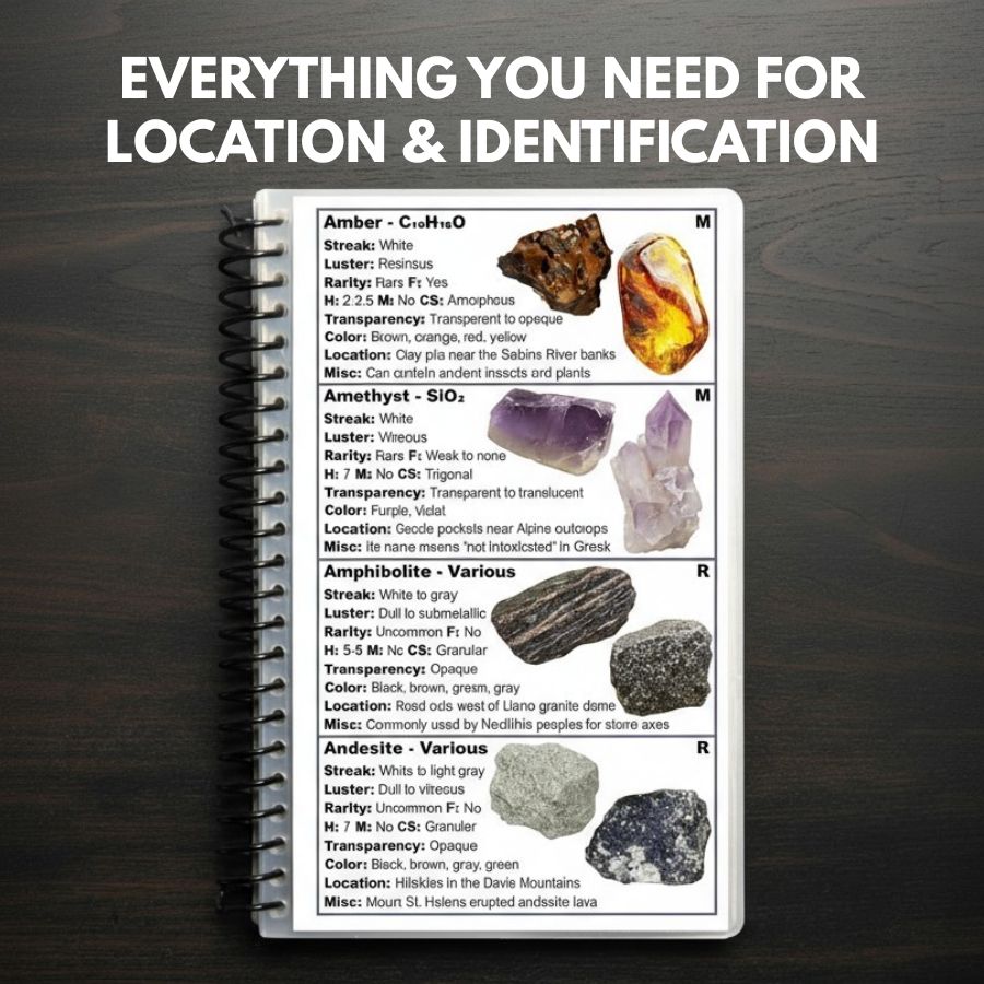 Notebook with mineral identification chart on a wooden surface