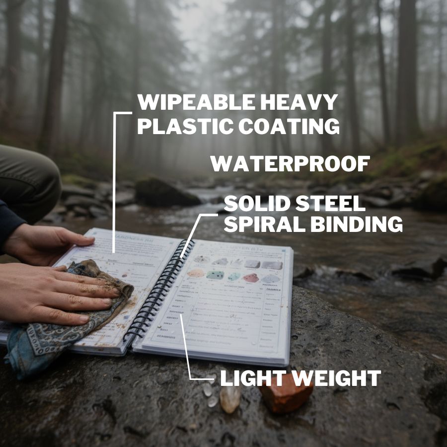 Person holding an open notebook in a forest with text highlighting features like wipeable coating, waterproof nature, solid steel spiral binding, and light weight.