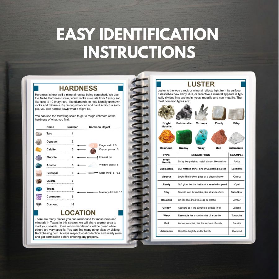 Open spiral-bound book with mineral identification chart on a dark background