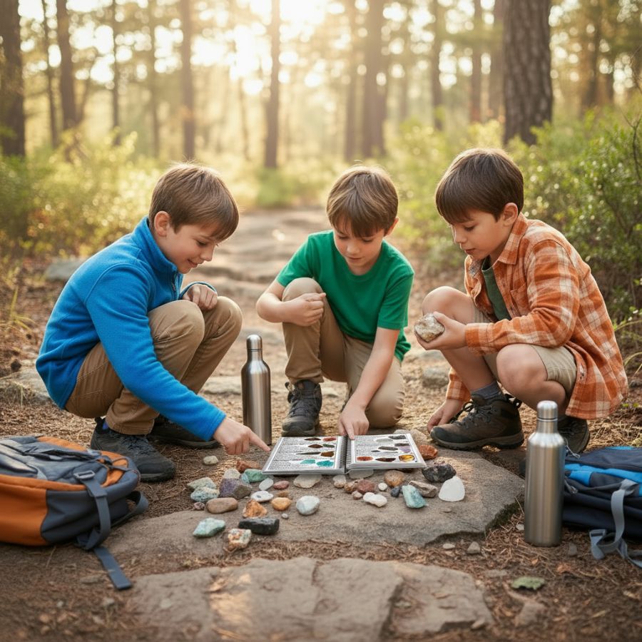 Three children in a forest setting, examining rocks and nature books.