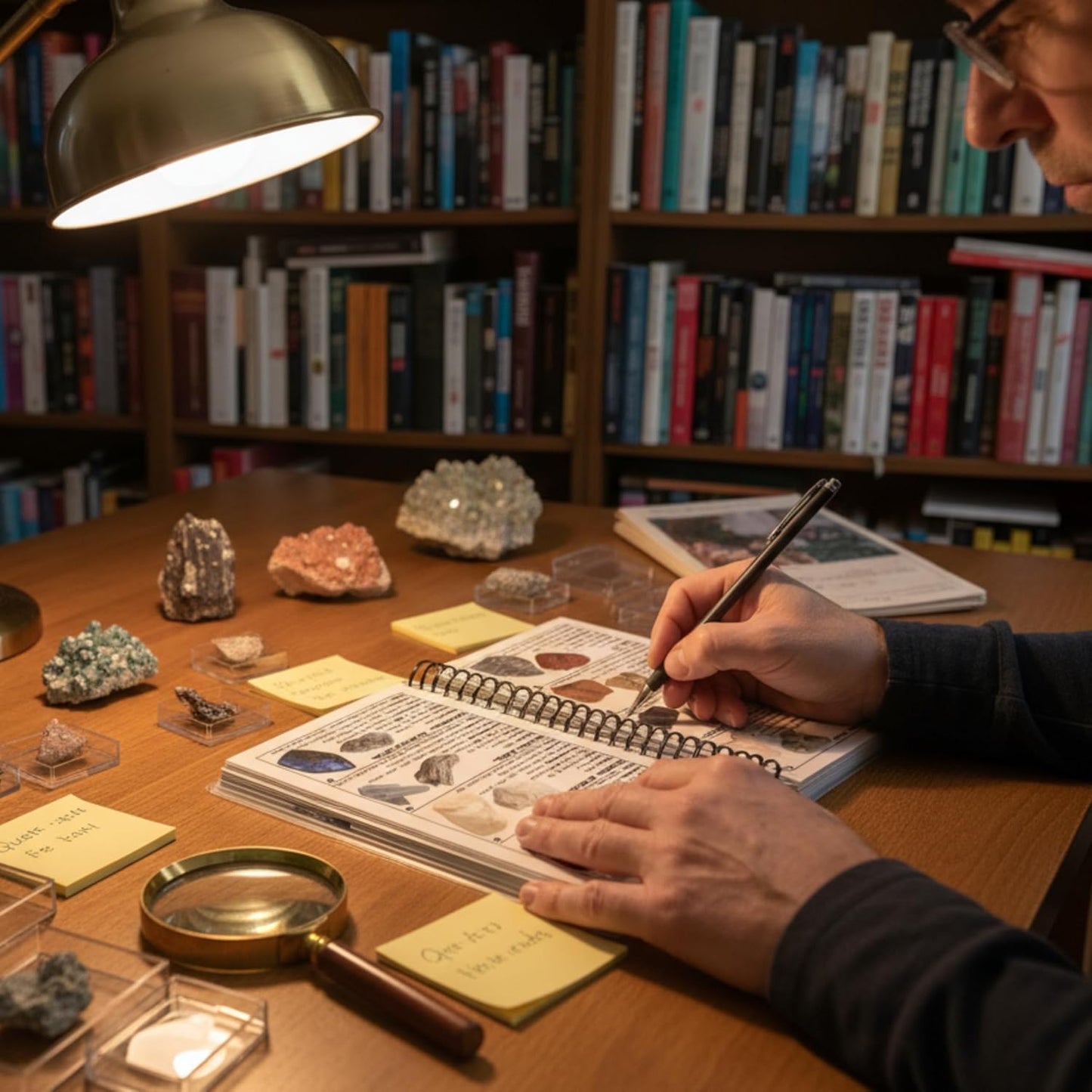 Person studying minerals and rocks with a notebook and magnifying glass in a library setting