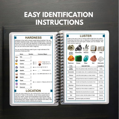 Open spiral-bound book with mineral identification chart on a dark background