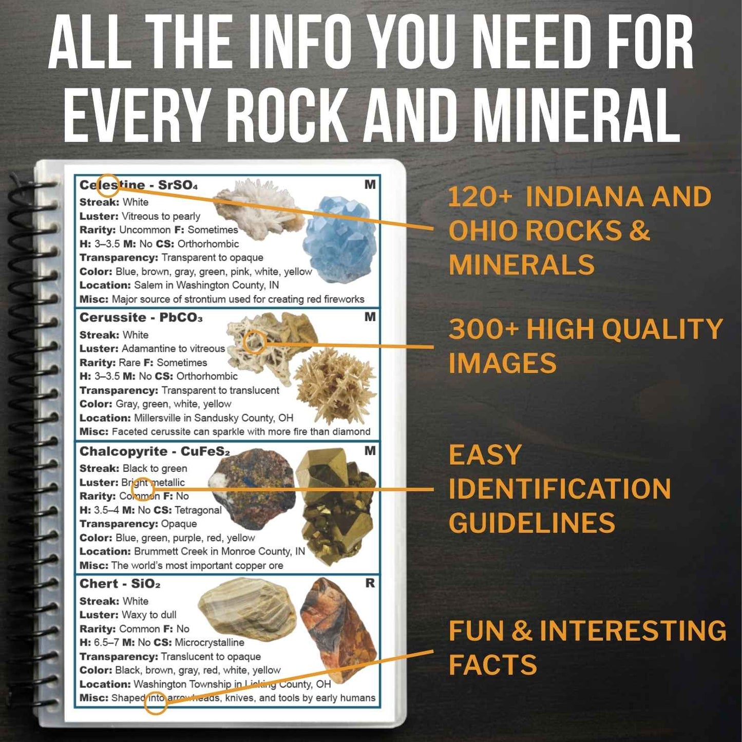 Product packaging for a guide to Indiana and Ohio rocks and minerals with images and text on a dark background.
