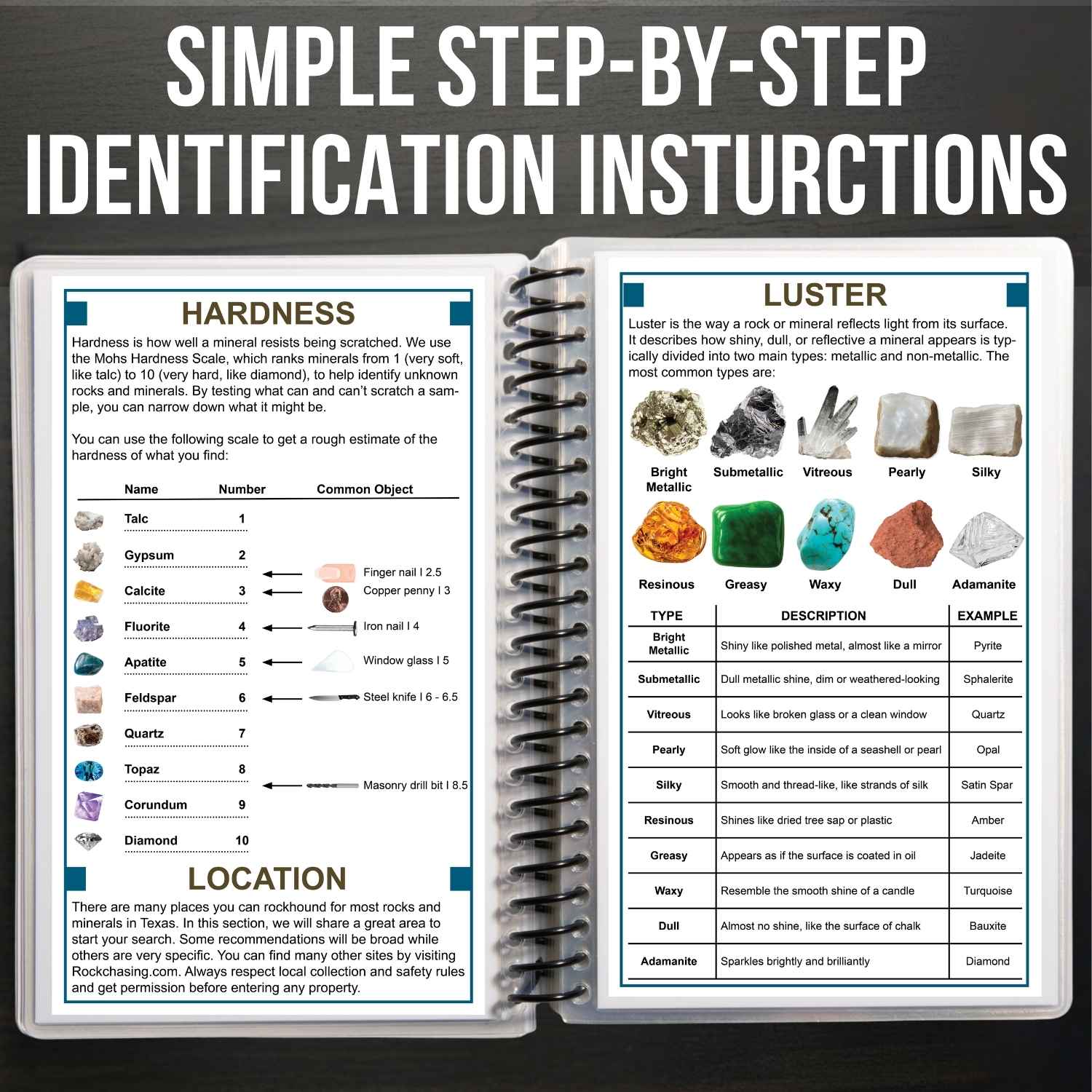 Open book with identification instructions on hardness, luster, and location of minerals.