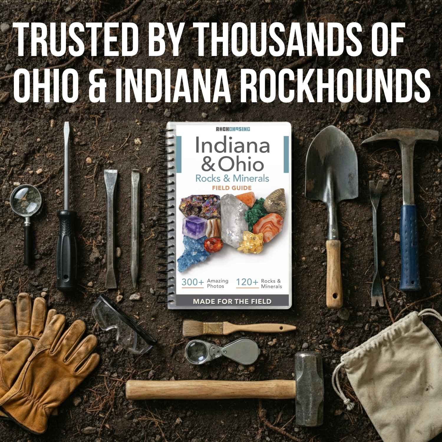 Indiana & Ohio Rocks & Minerals Field Guide with tools and gloves on a dirt background