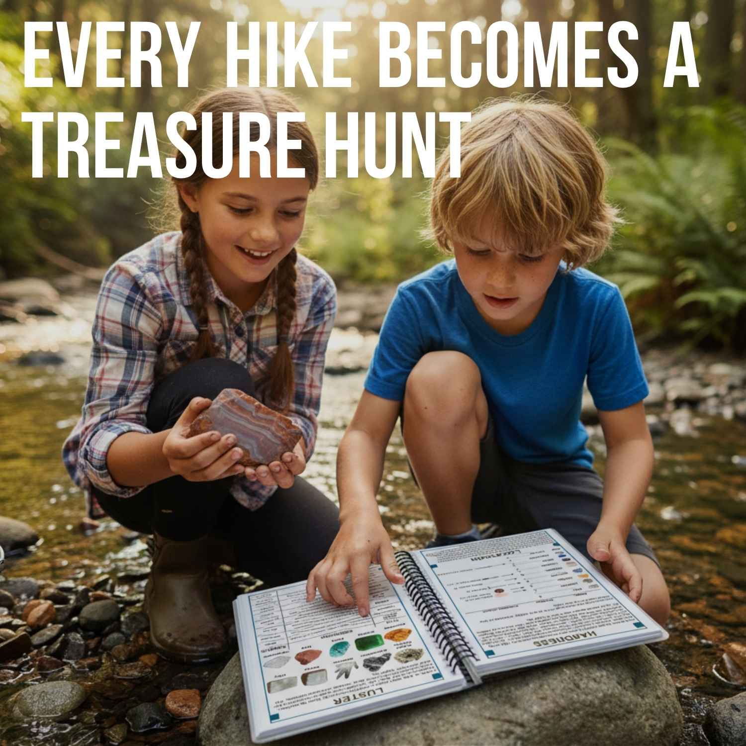 Two kids checking creek finds against the Ohio and Indiana field guide by a stream