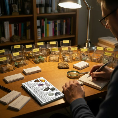 Person studying minerals on a desk with a notebook and magnifying glass