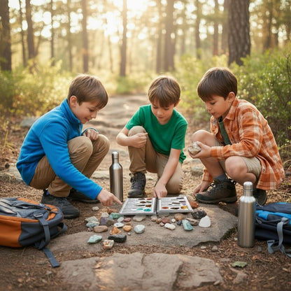 Three children in a forest setting, examining rocks and nature books.