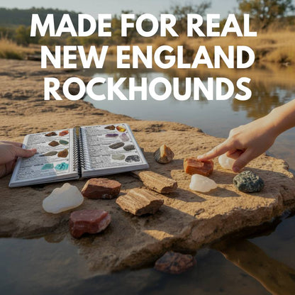 Person examining rocks by a lake with a book open to a page of rock images, text 'MADE FOR REAL NEW ENGLAND ROCKHOUNDS'.