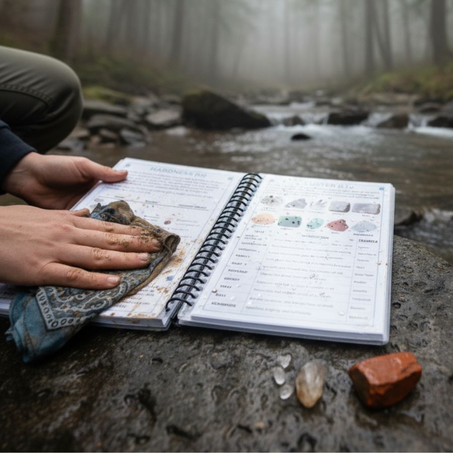 Waterproof Michigan and Wisconsin field guide being rinsed in a stream