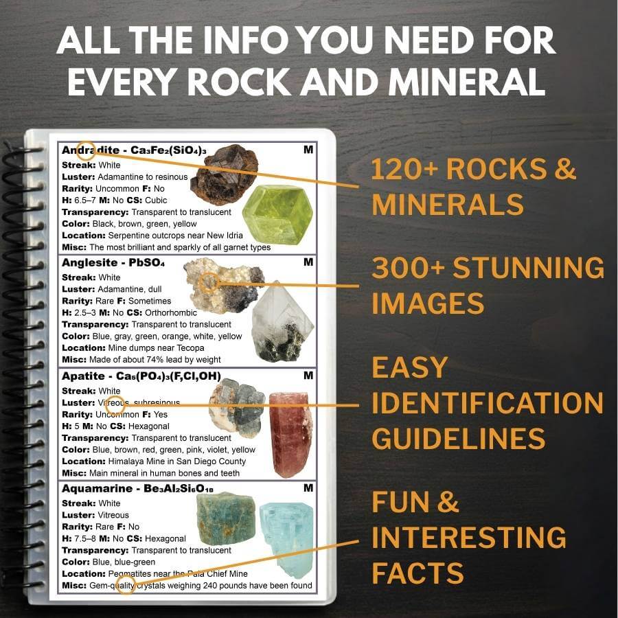 Rock and mineral identification guide with images and text on a dark background