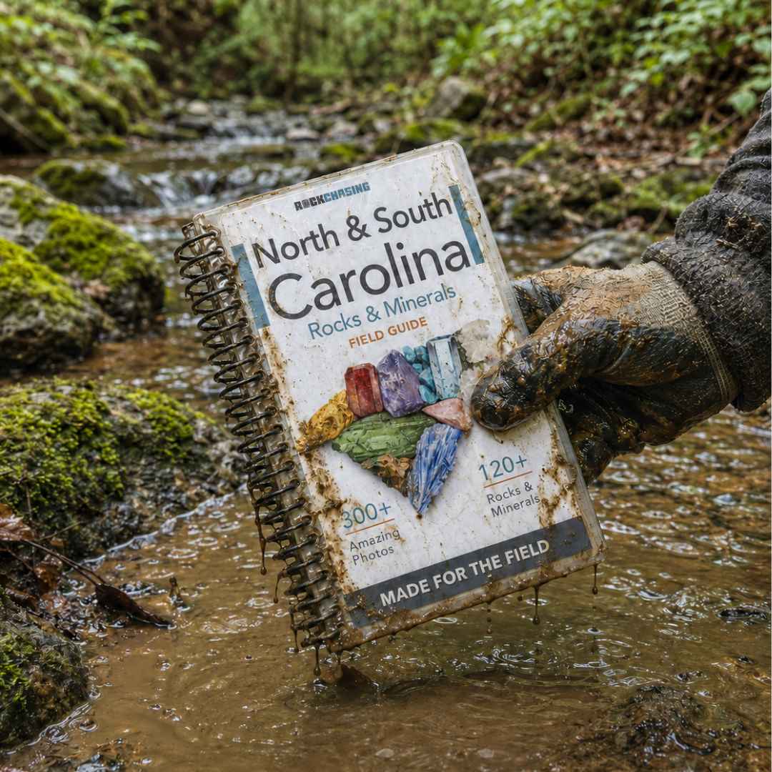 North and South Carolina field guide being used beside a mountain stream