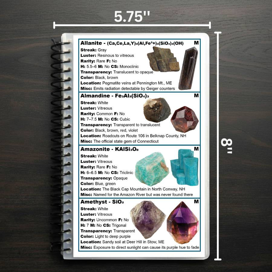 Notebook with gemstone information on a wooden surface