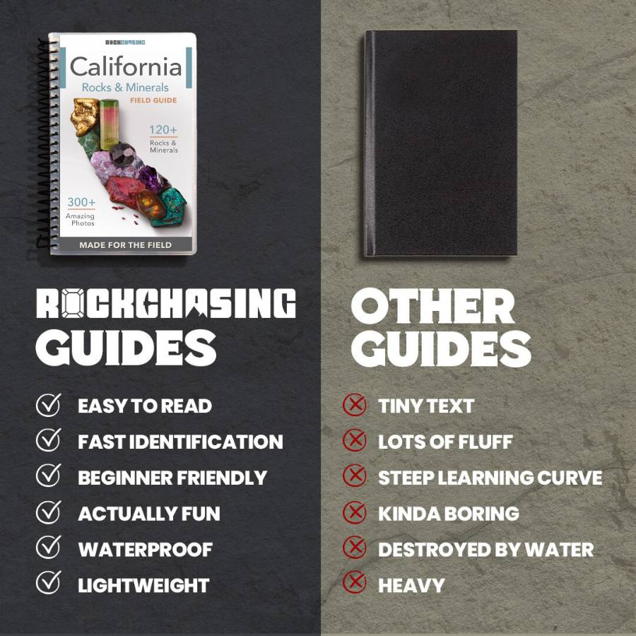 Comparison of rockhounding guides with text on a dark and light gray background