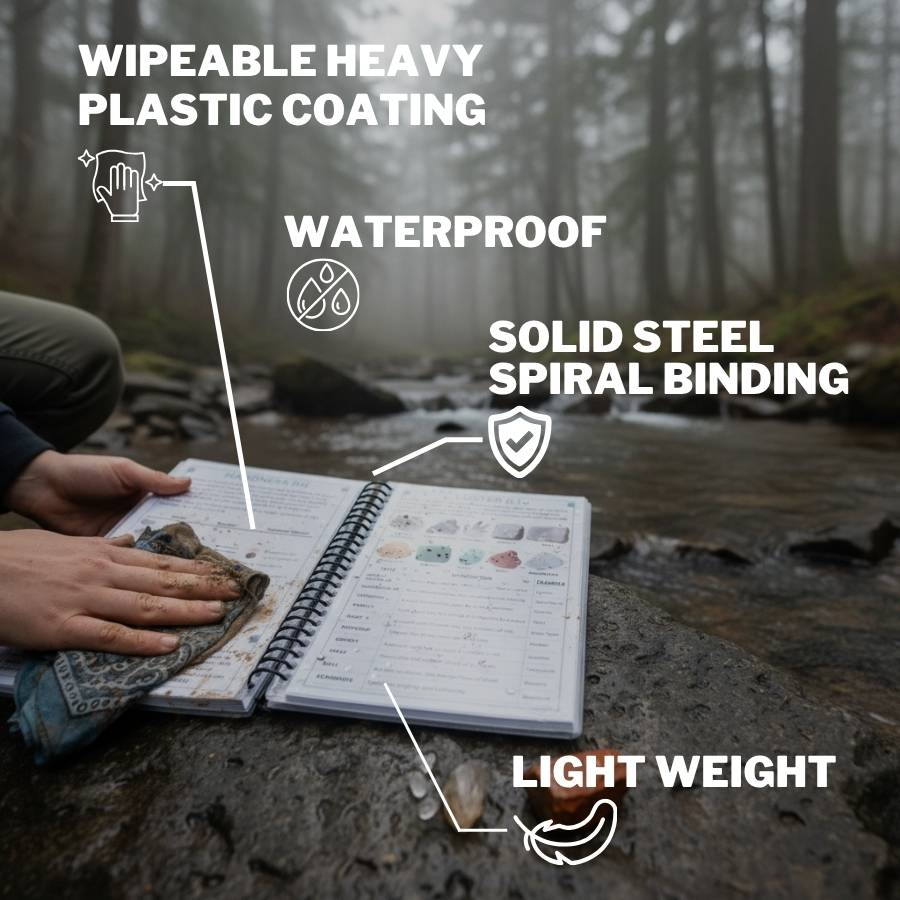 Open notebook on a rock with forest background, highlighting features like wipeable coating, waterproofness, steel binding, and light weight.