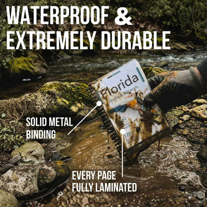 Person holding a waterproof map by a stream with text highlighting features.