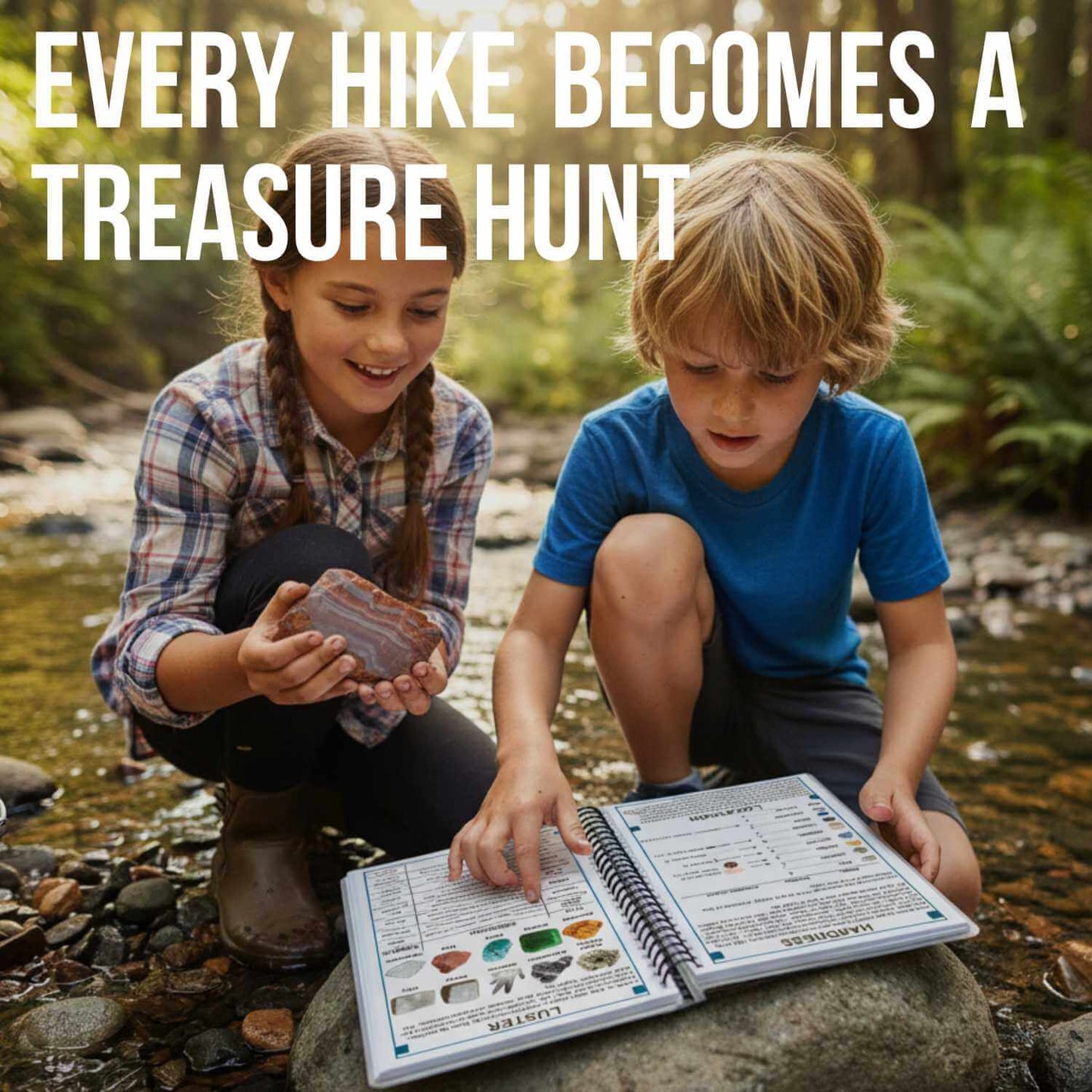 Two children by a stream with a book, surrounded by nature, with text 'Every hike becomes a treasure hunt'.