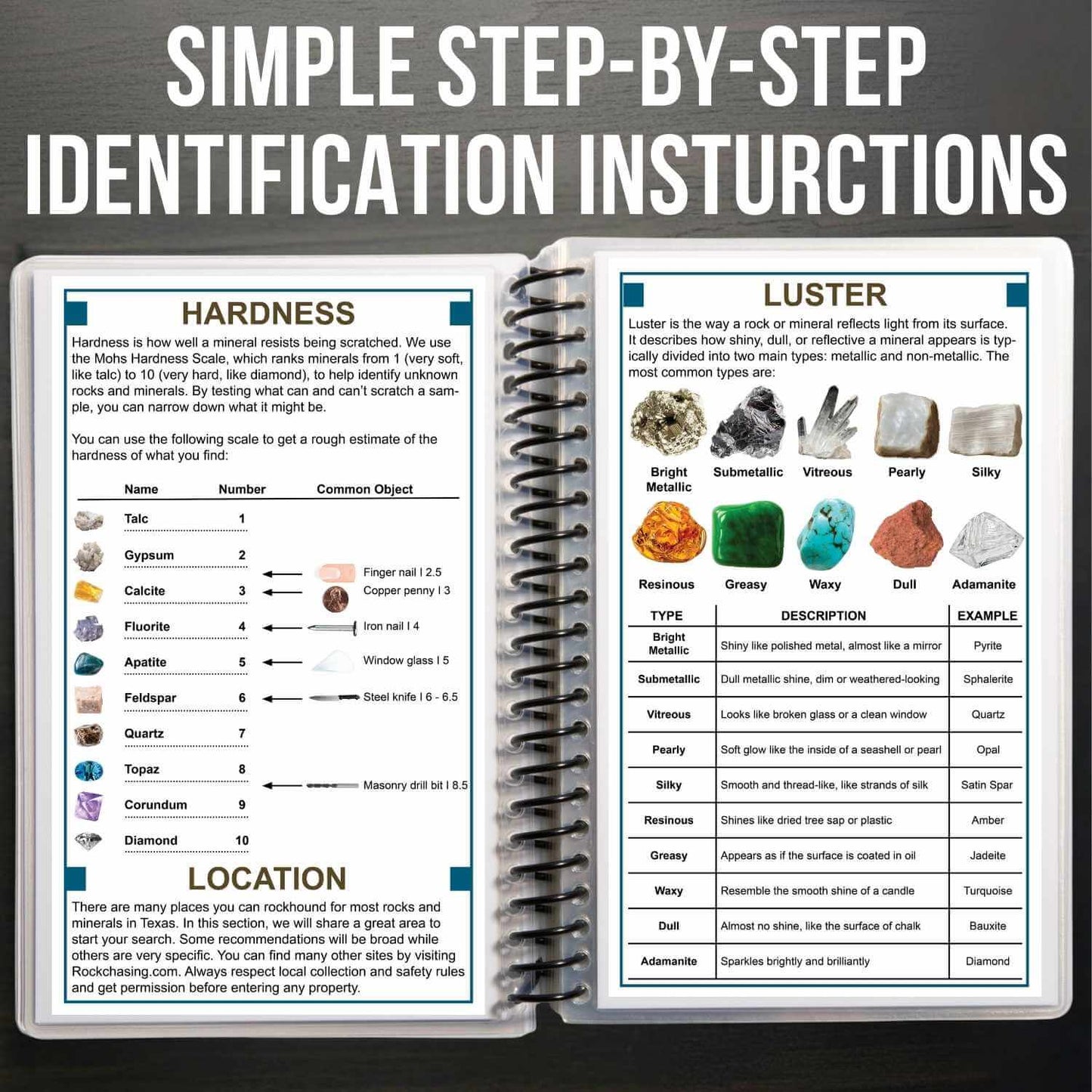 Open notebook with pages on hardness, luster, and location of minerals