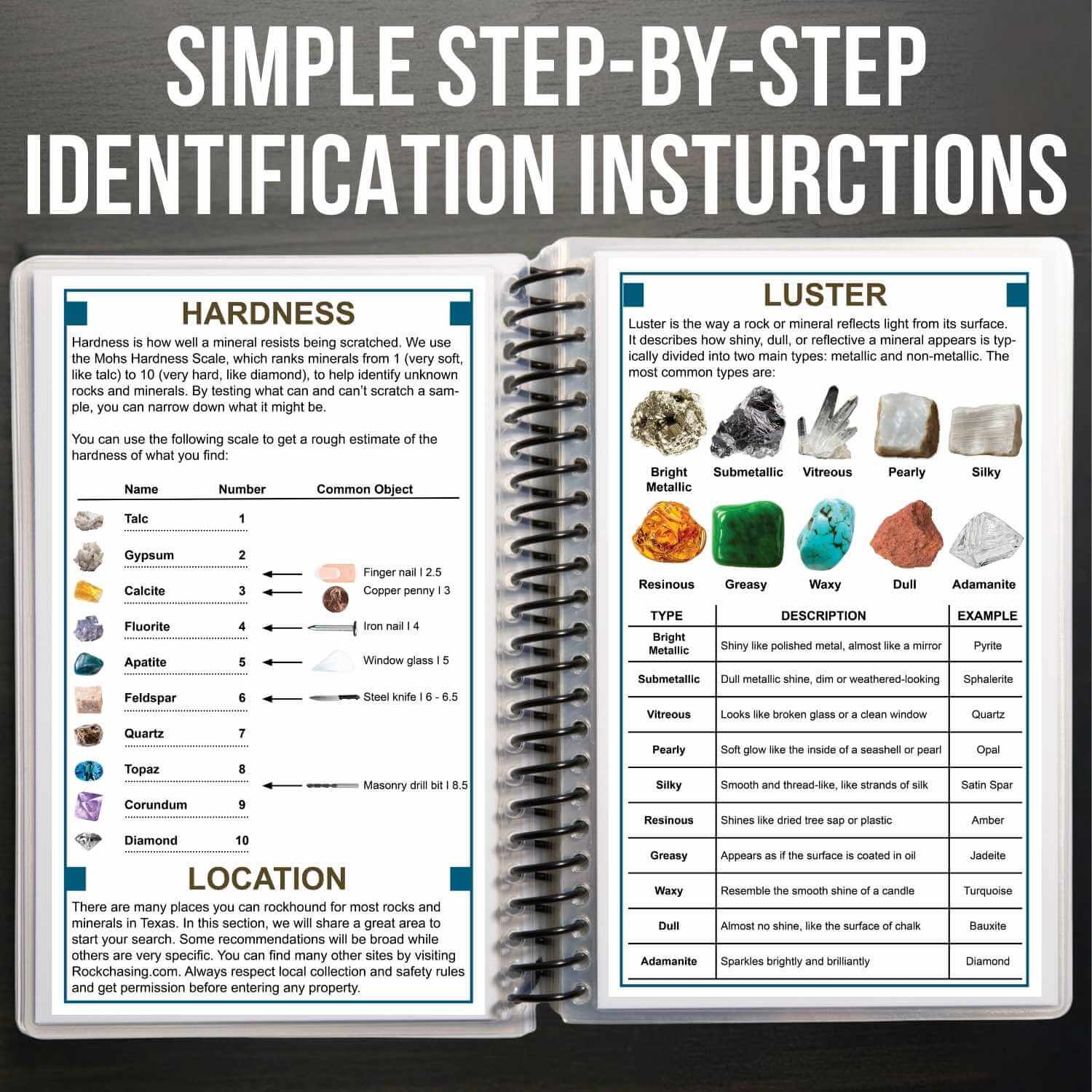 Open notebook with pages on hardness, luster, and location of minerals