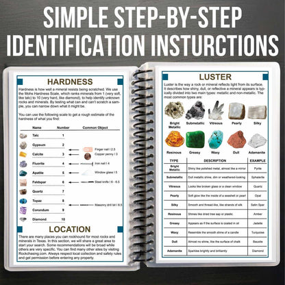 Open notebook with pages on hardness, luster, and location of minerals