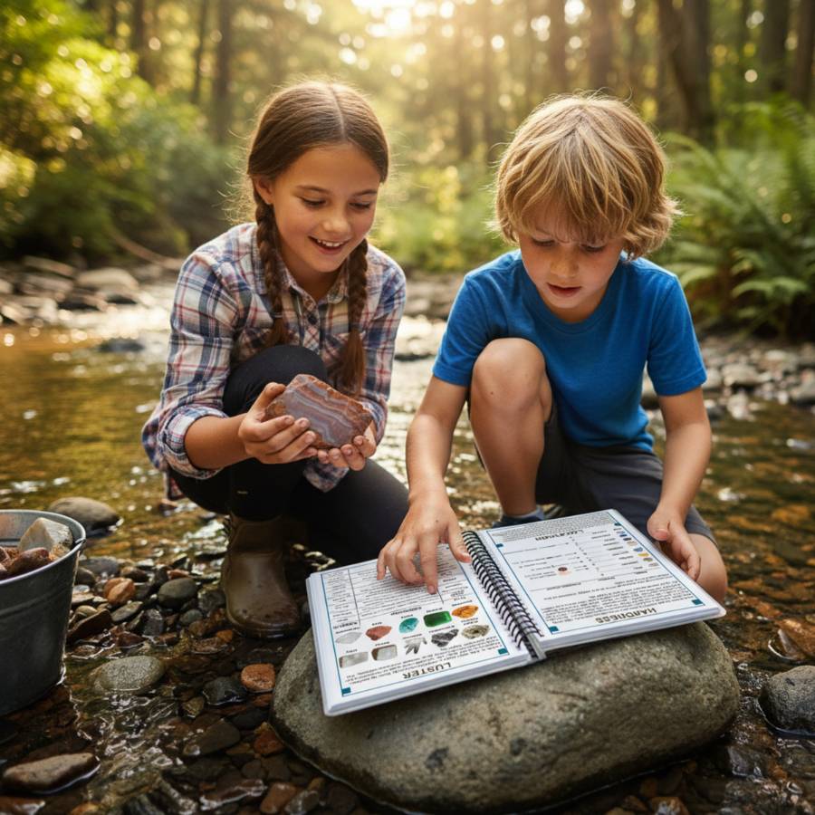 Two children by a stream, examining rocks and a field guide.