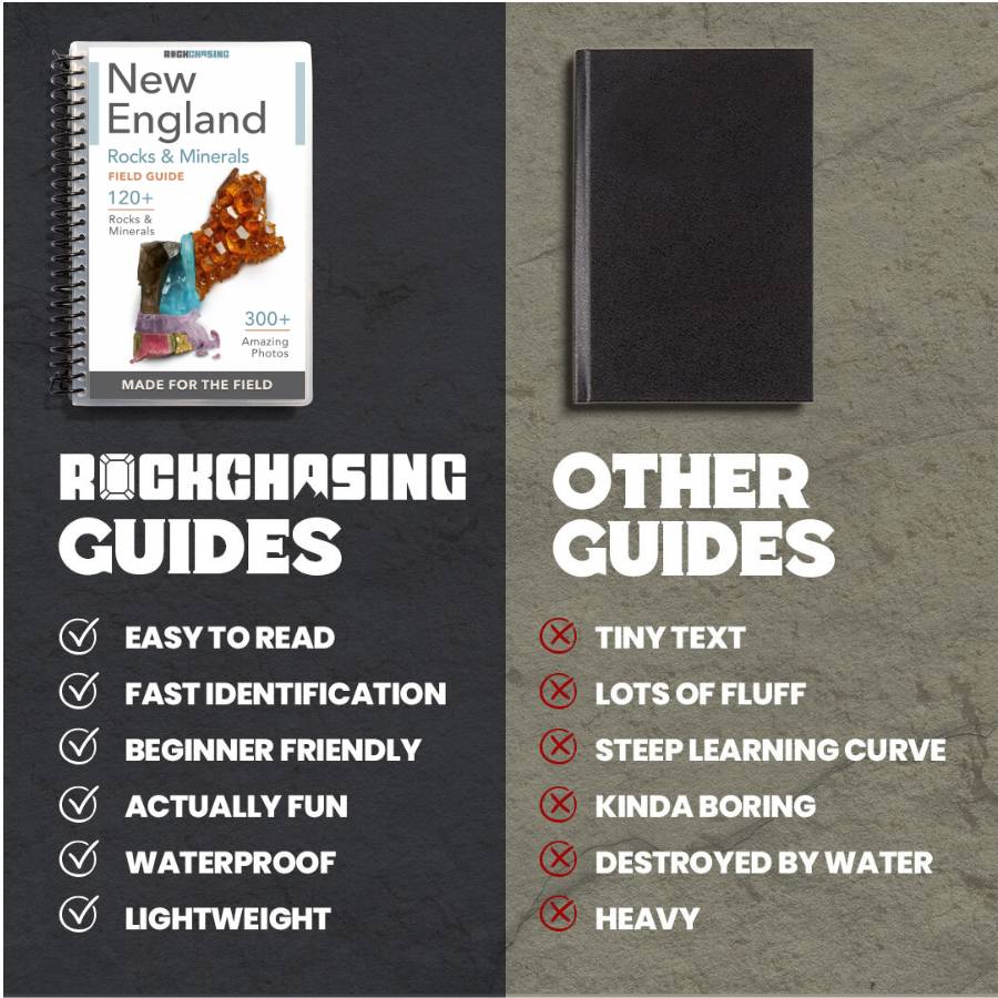 Comparison of New England Rocks & Minerals Field Guide with other guides on a textured surface.