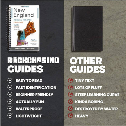 Comparison of New England Rocks & Minerals Field Guide with other guides on a textured surface.