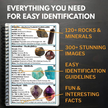 Pocket guide for rock and mineral identification with text highlighting features on a dark background