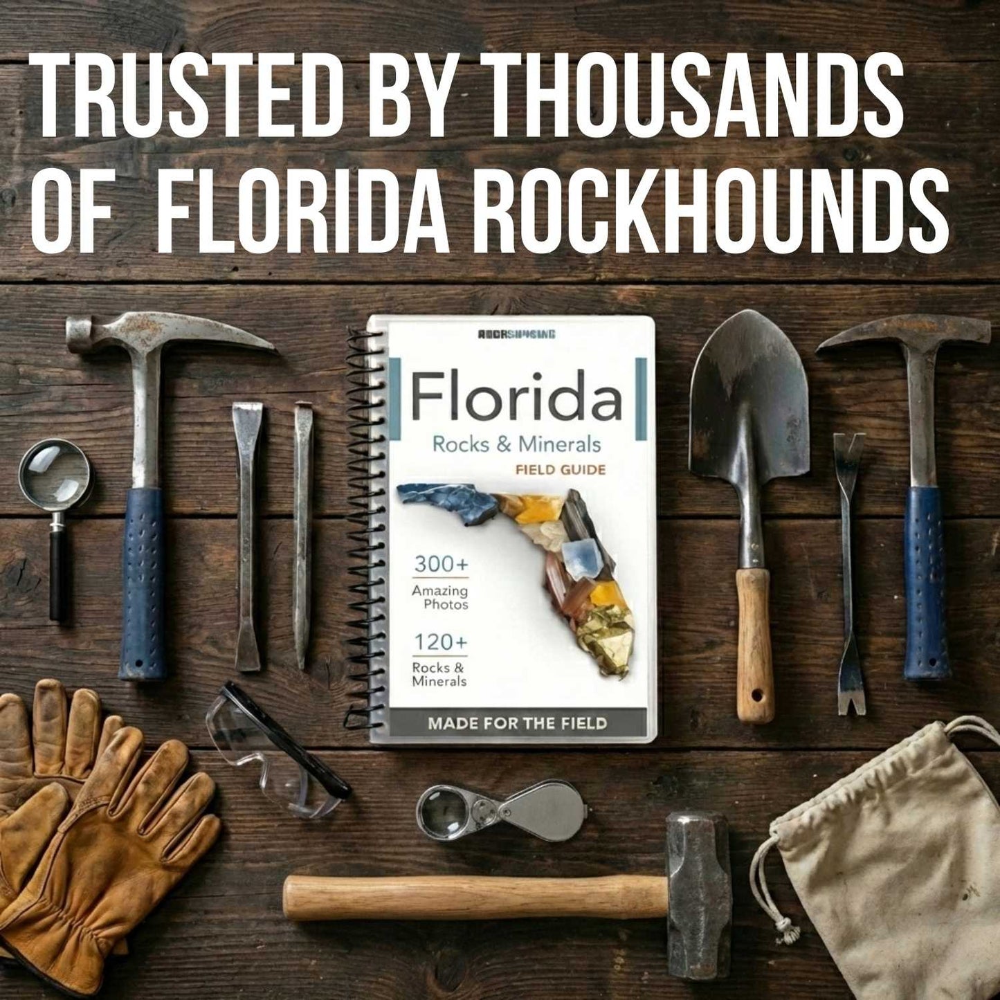 Florida Rocks & Minerals Field Guide with rock hunting tools on a wooden surface
