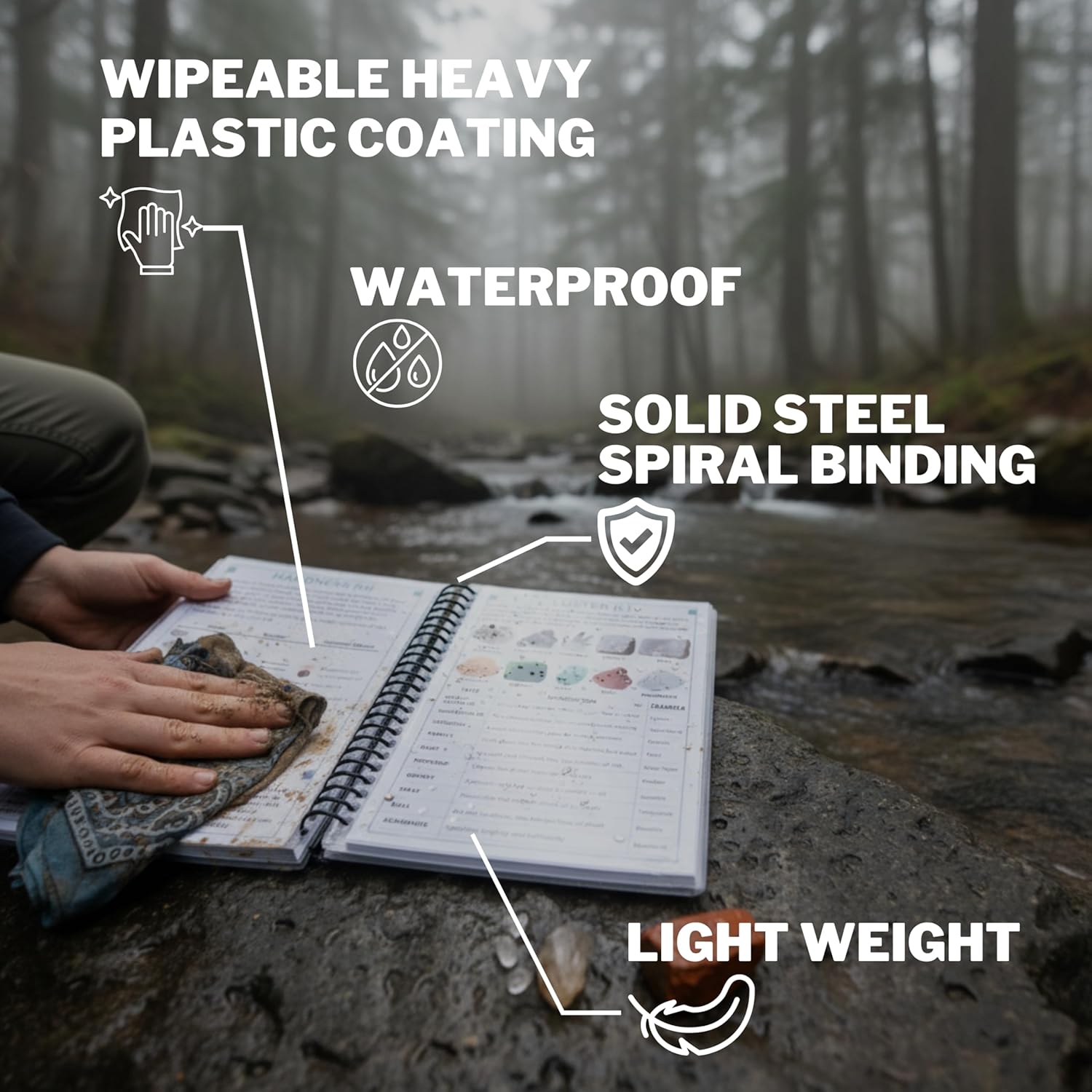 Waterproof laminated pages of the United States rocks and minerals field guide in use